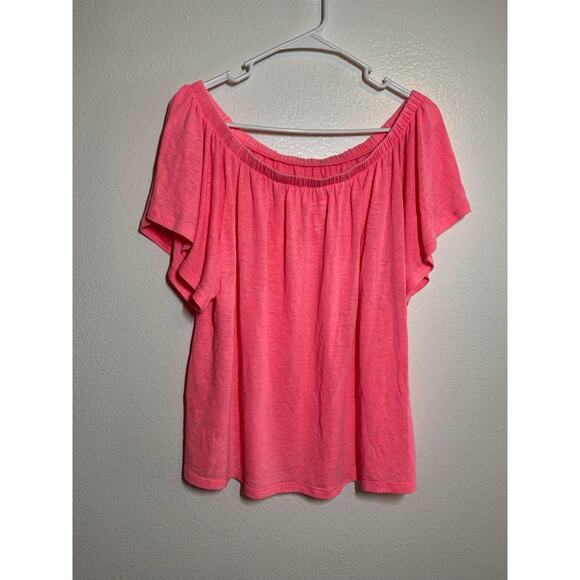 Gap Linen Blend Blouse T-Shirt Neon Pink Flowy Off Shoulder XLarge - Picture 4 of 4
